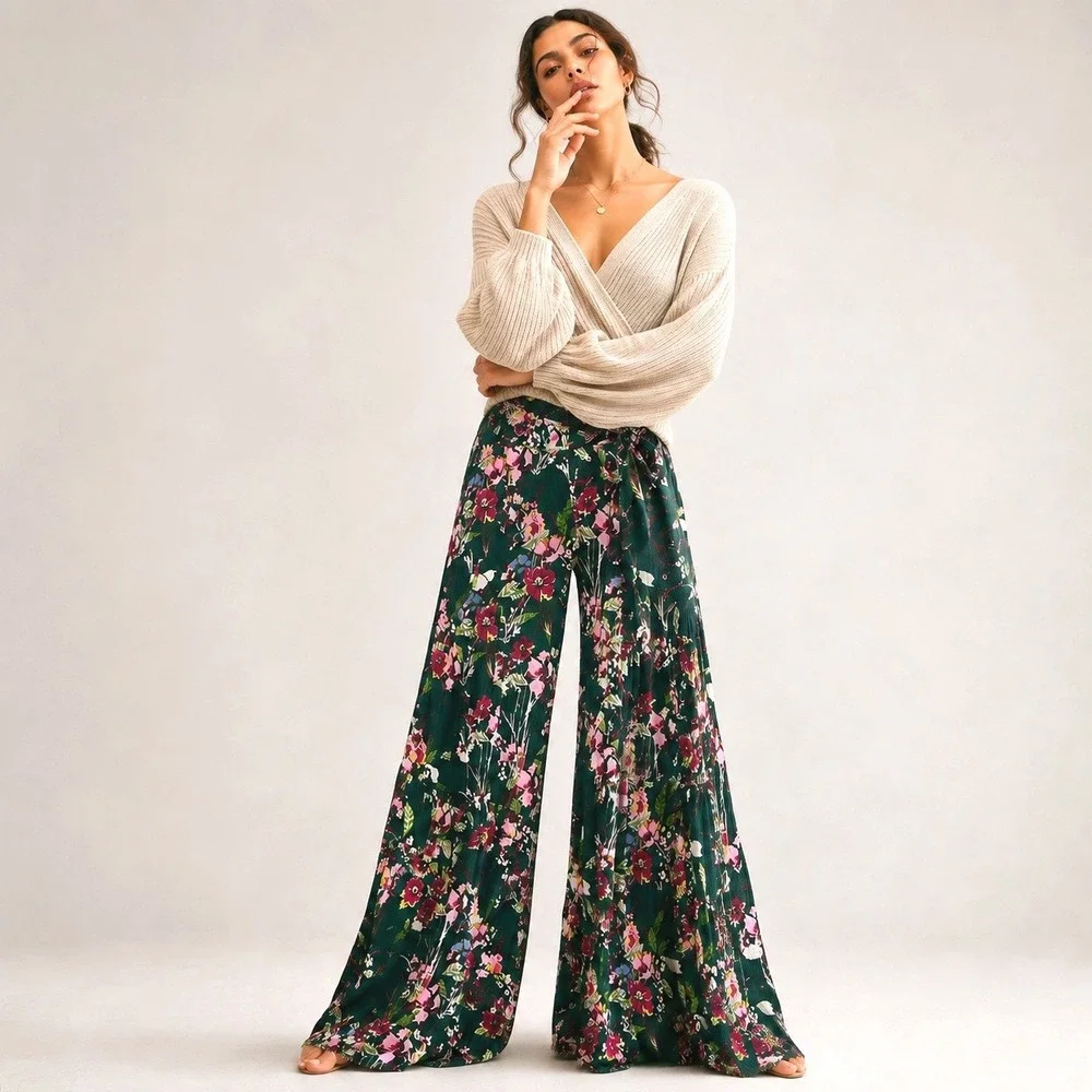 Free People FP One Floral Wide Leg Pants Green Womens Small Boho Gauze Palazzo